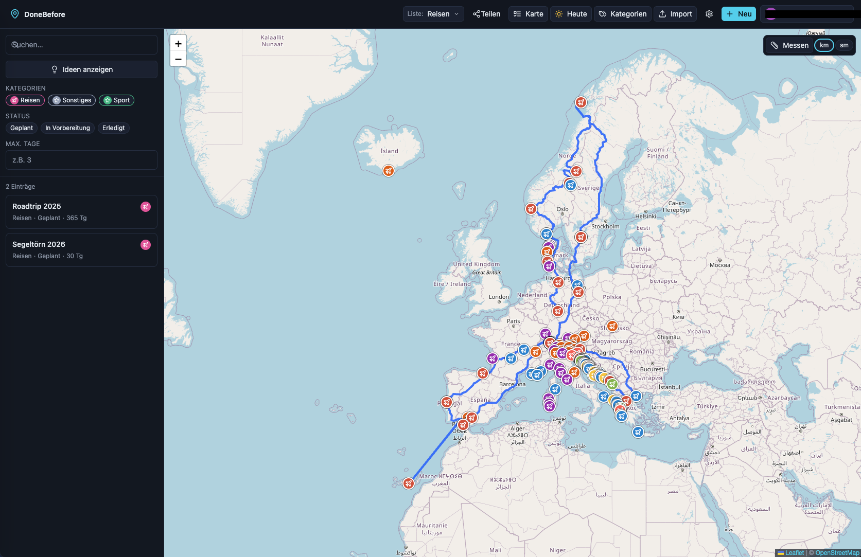 Mehr­tages-Reise­routen Roadtrip 2025 und Segeltörn 2026 über Europa in DoneBefore